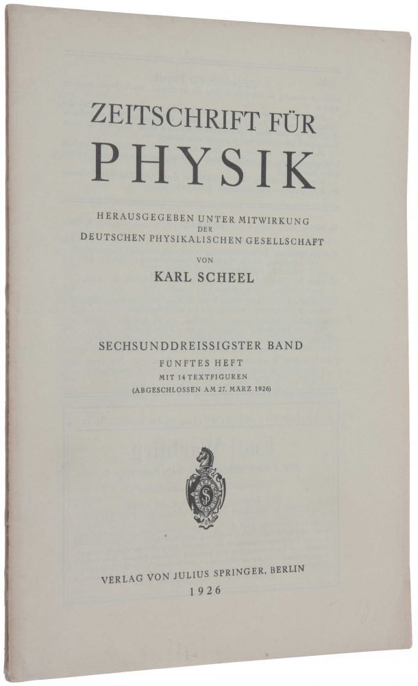 Item #3539 ‘Über das Wasserstoffspektrum vom Standpunkt der neuen Quantenmechanik,’ pp. 336-363 in Zeitschrift für Physik, 36. Band, 5 Heft, 27 March, 1926. Wolfgang PAULI.