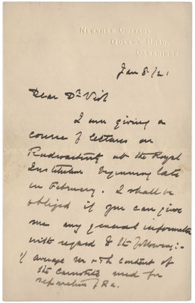 Item #3663 Autograph letter signed ‘E Rutherford’ to Charles Herman Viol, 8 January 1921....