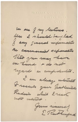 Autograph letter signed ‘E Rutherford’ to Charles Herman Viol, 8 January 1921. Three pages on two sheets.