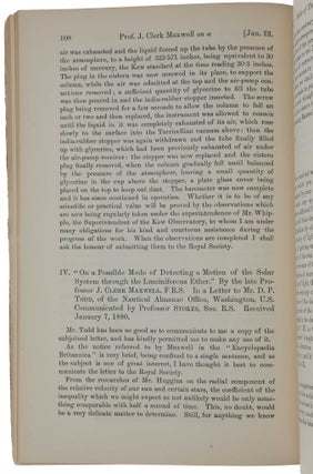 On a Possible Mode of Detecting a Motion of the Solar System through the Luminiferous Ether. In a Letter to Mr. D. P. Todd,’ pp. 109-110 in Proceedings of the Royal Society of London, Vol. XXX, No. 200, December 1879 – January 1880.