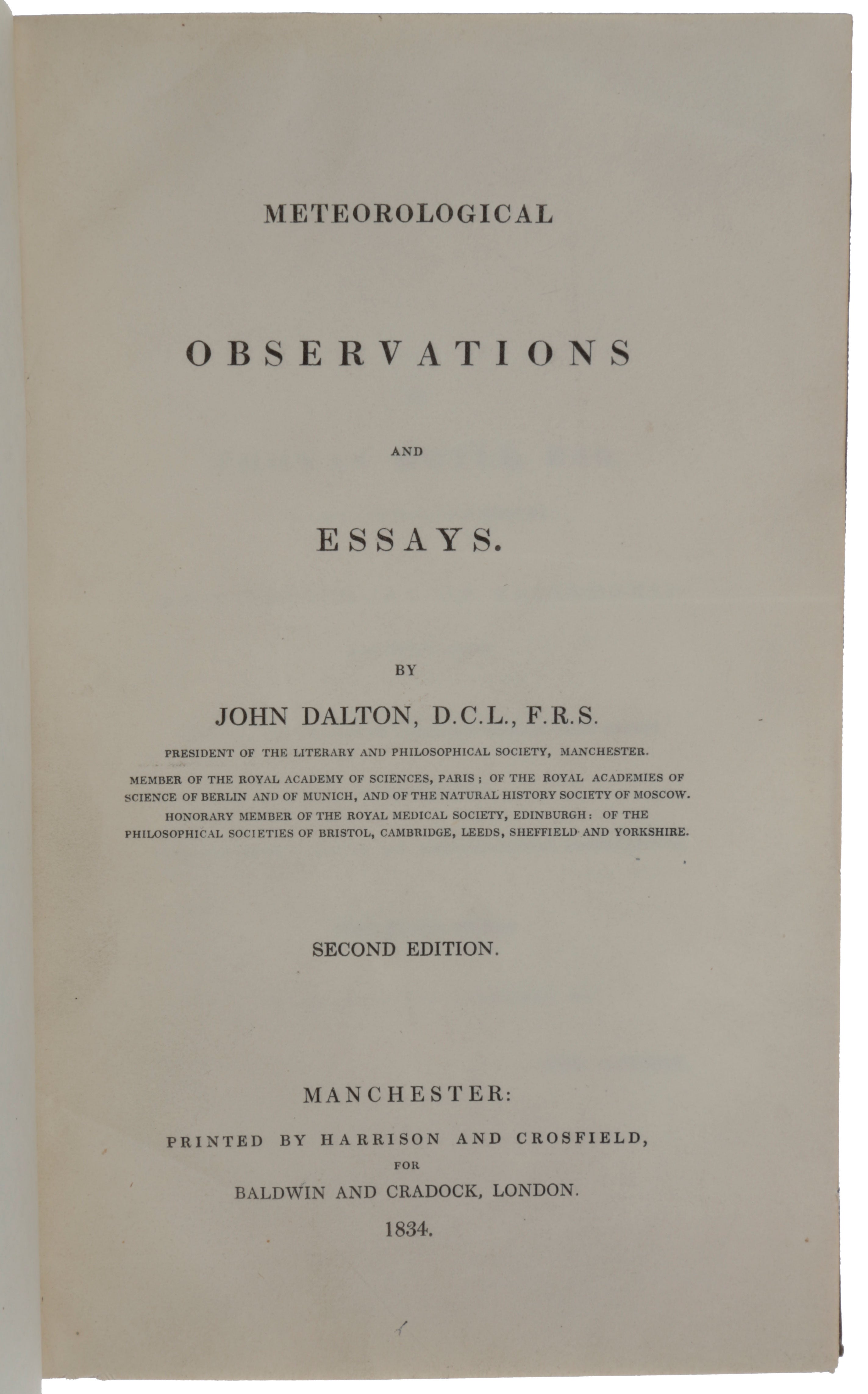 Item #4946 Meteorological Observations and Essays. John DALTON.