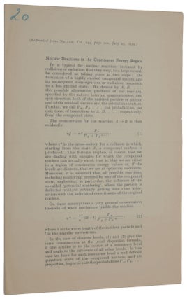 Item #5036 Nuclear reactions in the continuous energy region. Offprint from Nature, Vol. 144,...