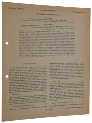 Item #5075 Wave function of the Universe. Offprint from: Physical Review D, Vol. 28, No. 12, 15...