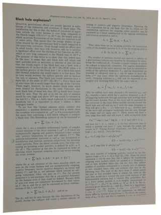 Item #5076 Black Hole Explosions? Offprint from: Nature, Vol. 248, No. 5443, 1 March 1974....