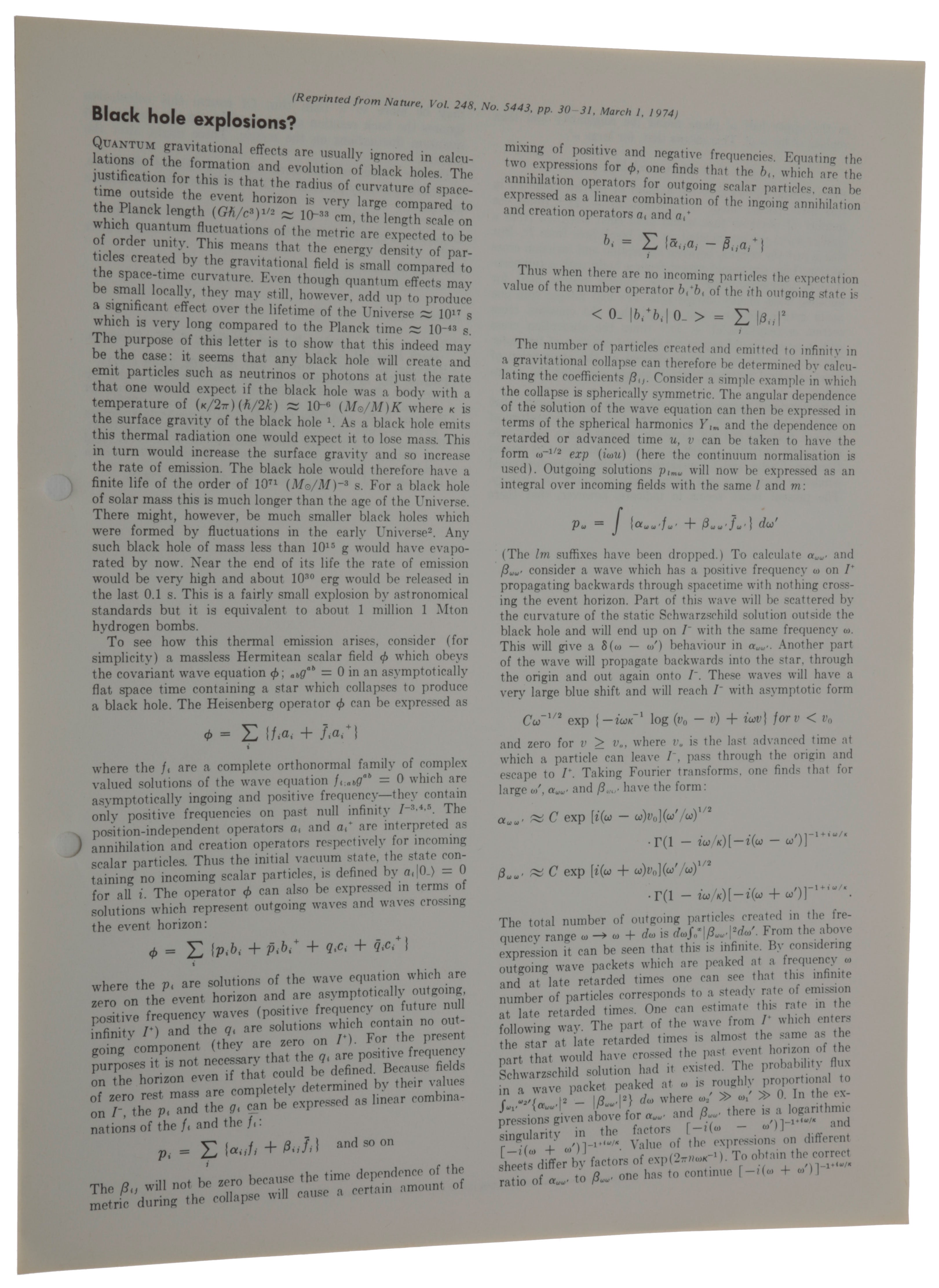 Item #5076 Black Hole Explosions? Offprint from: Nature, Vol. 248, No. 5443, 1 March 1974. Stephen William HAWKING.