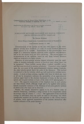 A Relation between Distance and Radial Velocity among Extra-Galactic Nebulae. Offprint from: Proceedings of the National Academy of Sciences, Vol. 15, No. 3, March 1929.