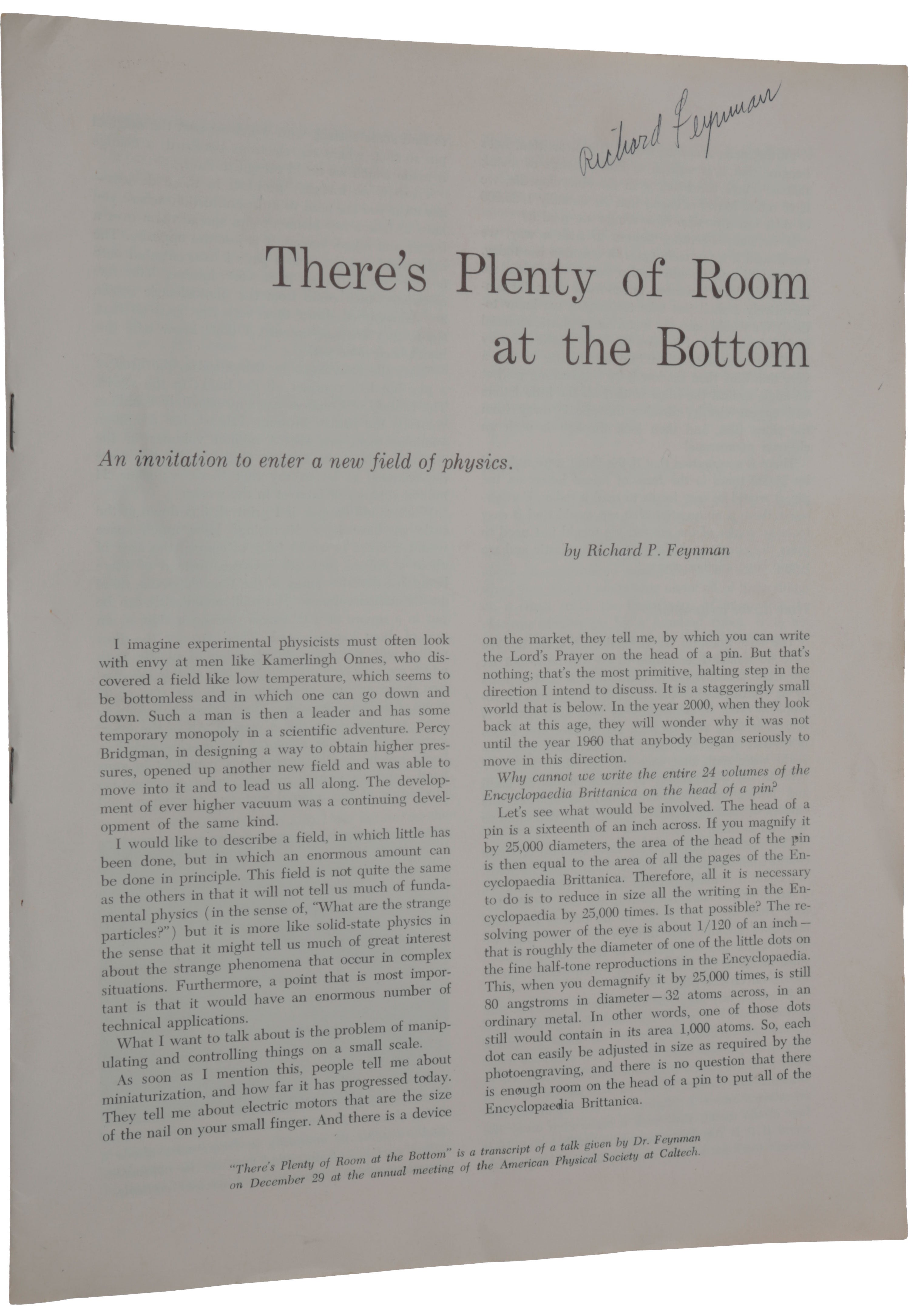 Item #5184 There’s Plenty of Room at the Bottom. An invitation to enter a new field of physics. Offprint from: Engineering and Science Magazine, February 1960. Richard Phillips FEYNMAN.