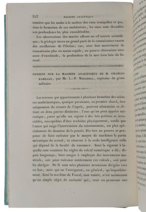 ‘Notions sur la machine analytique de M. Charles Babbage,’ pp. 352-376 in: Bibliothèque Universelle de Genève. Nouvelle Série, Tome 41.