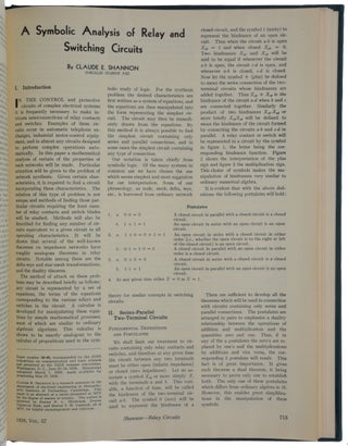Item #5212 A symbolic analysis of relay and switching circuits. Claude Elwood SHANNON