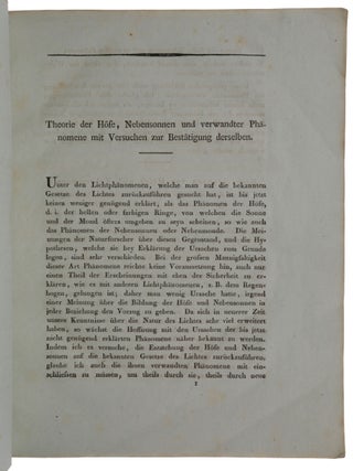 Theorie der Höfe, Nebensonnen und verwandter Phänomene mit Versuchen zur Bestätigung derselben. Offprint from Astronomische Abhandlungen (H. C. Schumacher, ed.), Drittes Heft.