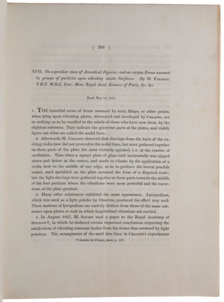 On a peculiar class of acoustical figures and on the forms of fluids vibrating on elastic surfaces. Offprint from: Philosophical Transactions, Vol. 121. Read before the Royal Society May 12, 1831.