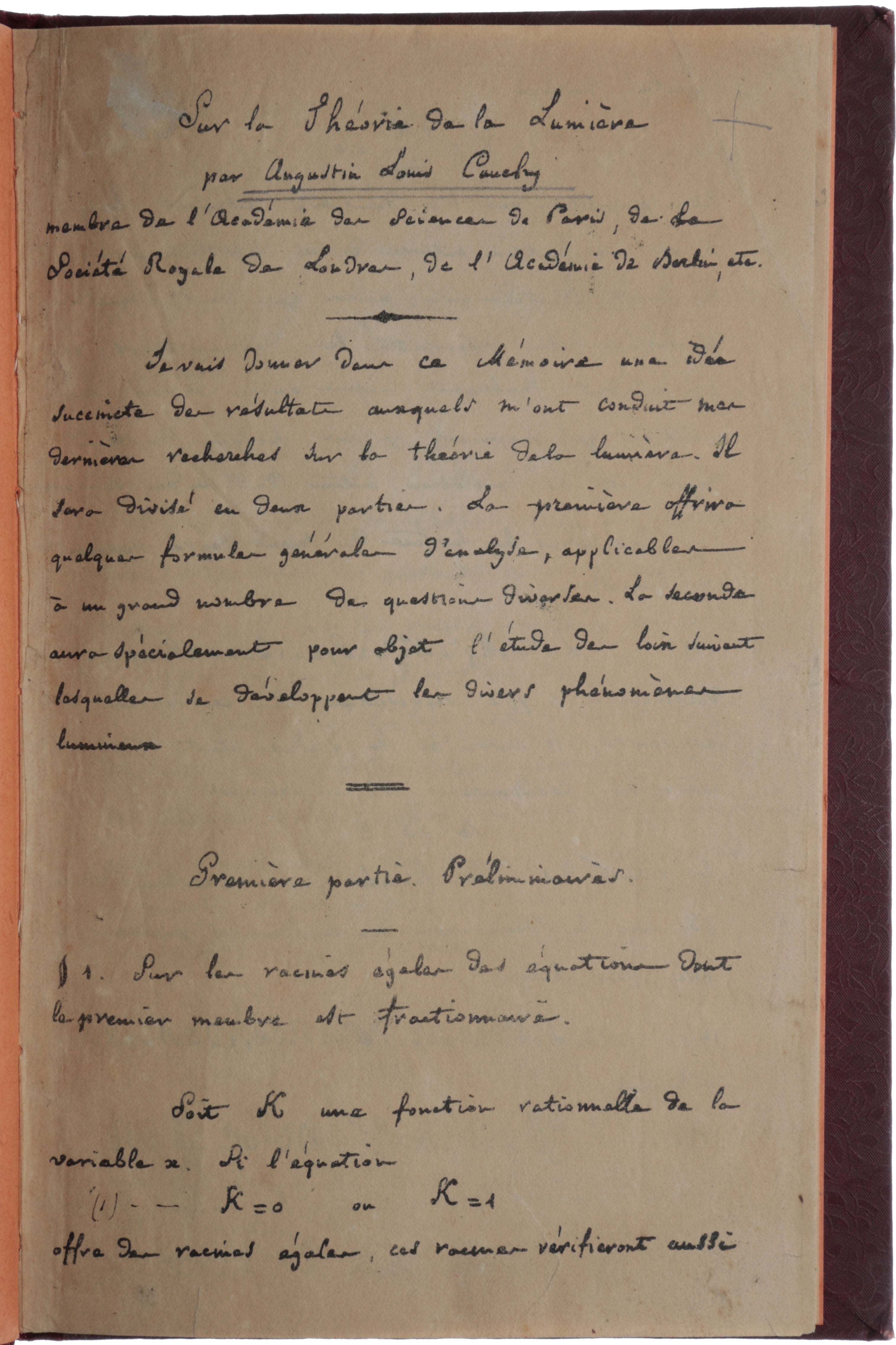 Item #5311 Sur la théorie de la lumière. Lithograph document reproduced from Cauchy’s autograph manuscript. Augustin-Louis CAUCHY.