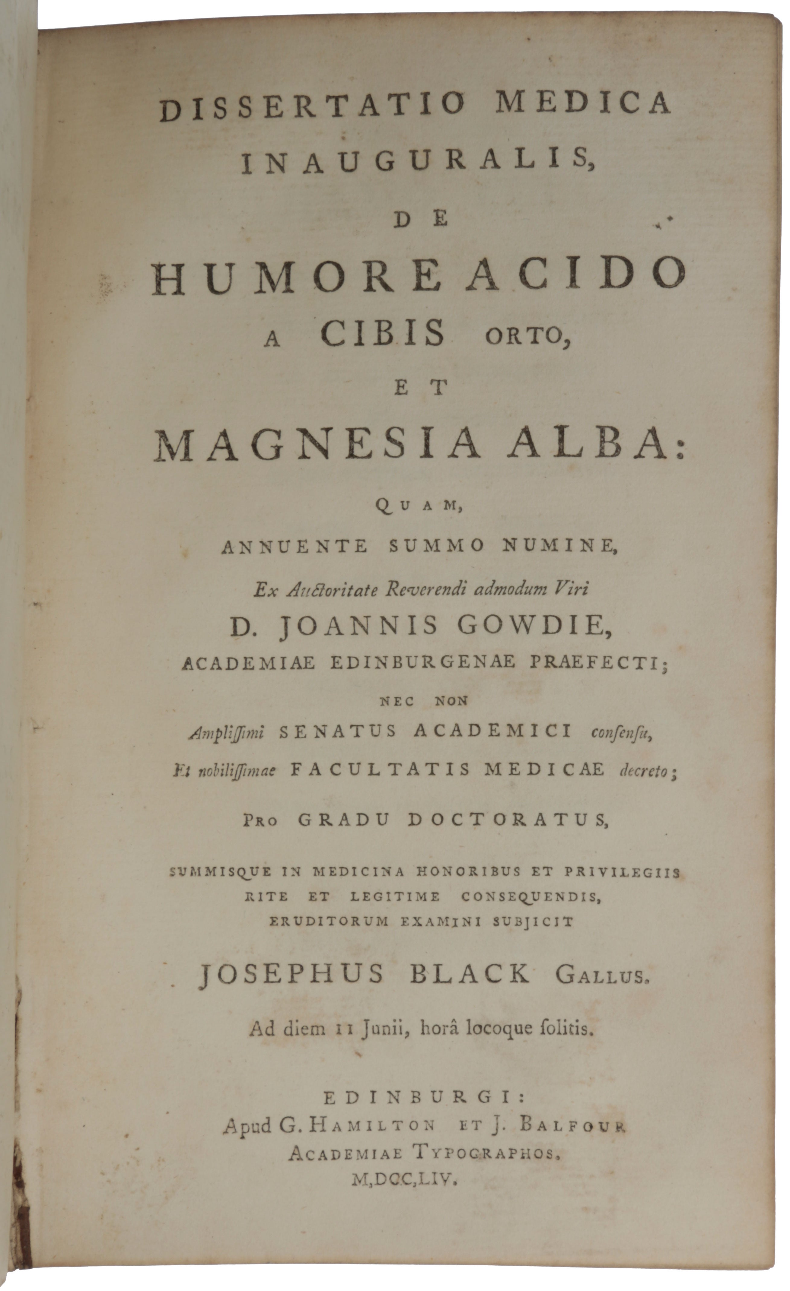 Item #5461 Dissertatio medica inauguralis, de humore acido a cibis orto, et magnesia alba... [Bound as the third item in a sammelband with eight other medical dissertations (listed below)]. Joseph BLACK.