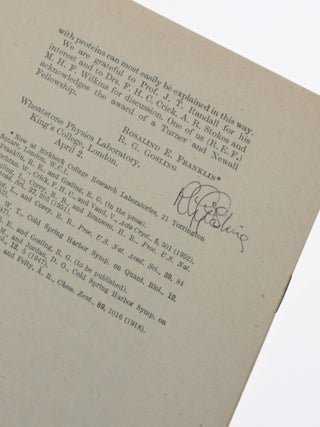 ‘Molecular Structure of Nucleic Acids: A Structure for Deoxyribose Nucleic Acid’; ‘Molecular Structure of Deoxypentose Nucleic Acids’; ‘Molecular Configuration in Sodium Thymonucleate’. Three papers in a single offprint from Nature, Vol. 171, No. 4356, April 25, 1953.