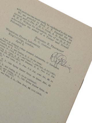 ‘Molecular Structure of Nucleic Acids: A Structure for Deoxyribose Nucleic Acid’; ‘Molecular Structure of Deoxypentose Nucleic Acids’; ‘Molecular Configuration in Sodium Thymonucleate’. Three papers in a single offprint from Nature, Vol. 171, No. 4356, April 25, 1953.