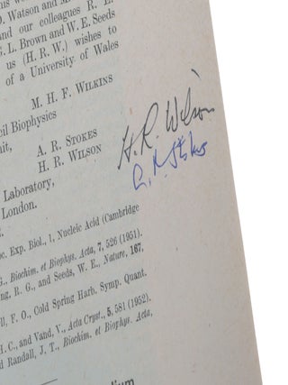 ‘Molecular Structure of Nucleic Acids: A Structure for Deoxyribose Nucleic Acid’; ‘Molecular Structure of Deoxypentose Nucleic Acids’; ‘Molecular Configuration in Sodium Thymonucleate’. Three papers in a single offprint from Nature, Vol. 171, No. 4356, April 25, 1953.