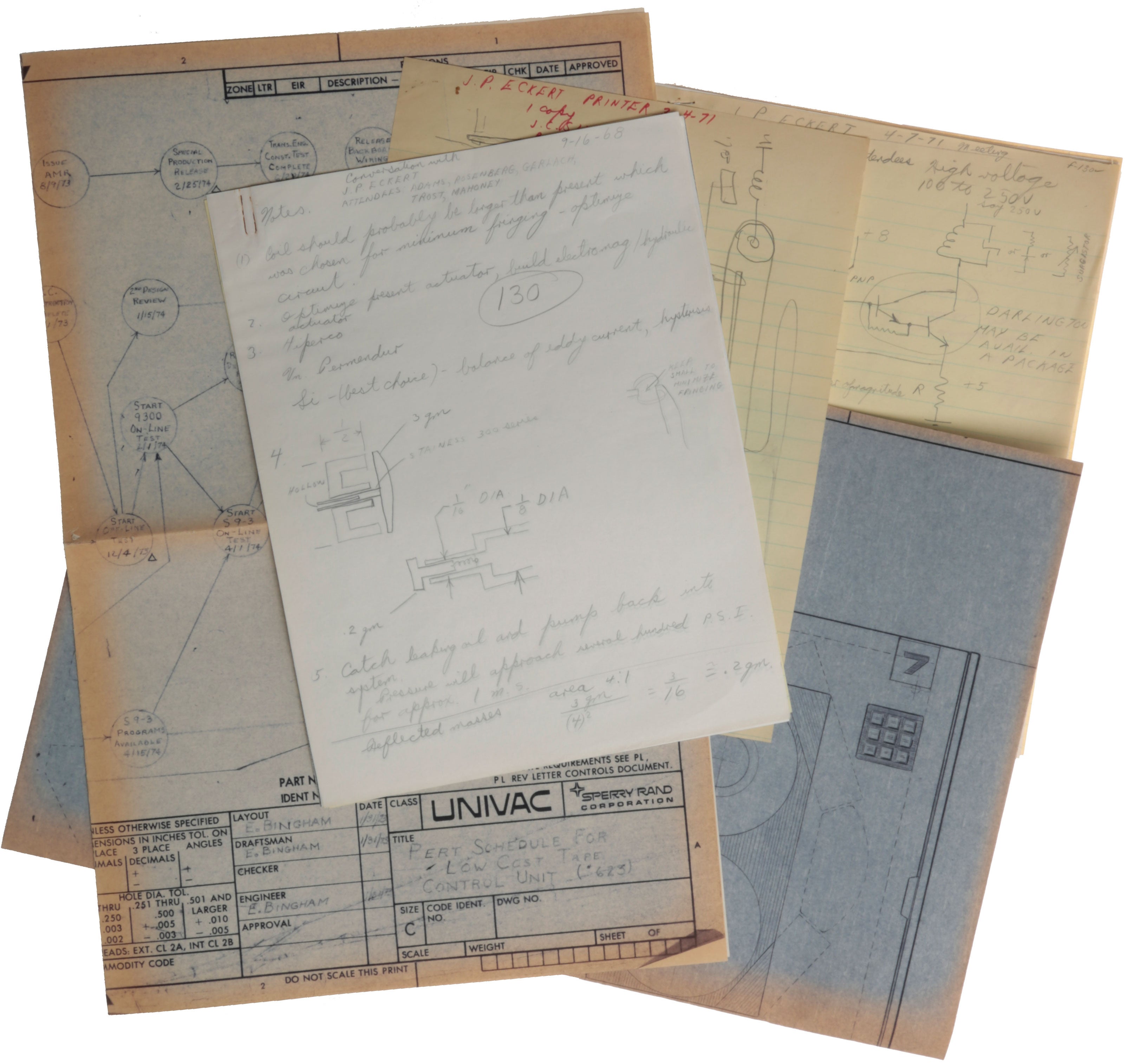 Item #5479 Archive, comprising 19 original in-house documents from J. Presper Eckert’s office, including blueprints, handwritten and typed notes from meetings, and product sample illustrations, 1960s-1970s. UNIVAC.