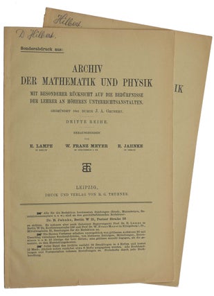 Item #5482 ‘Mathematische Probleme.’ Two offprints from Archiv der Mathematik und Physik, 3....