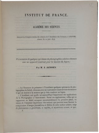 Présentation d’un spécimen de photographies d’un passage artificiel de Vénus, obtenu avec le révolver photographique. Offprint from the Comptes rendus hebdomadaires des Séances de l’Académie des Sciences, Tom. 79, 6 July, 1874. Bound with 57 other offprints by Janssen from the Comptes rendus.