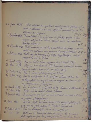 Présentation d’un spécimen de photographies d’un passage artificiel de Vénus, obtenu avec le révolver photographique. Offprint from the Comptes rendus hebdomadaires des Séances de l’Académie des Sciences, Tom. 79, 6 July, 1874. Bound with 57 other offprints by Janssen from the Comptes rendus.
