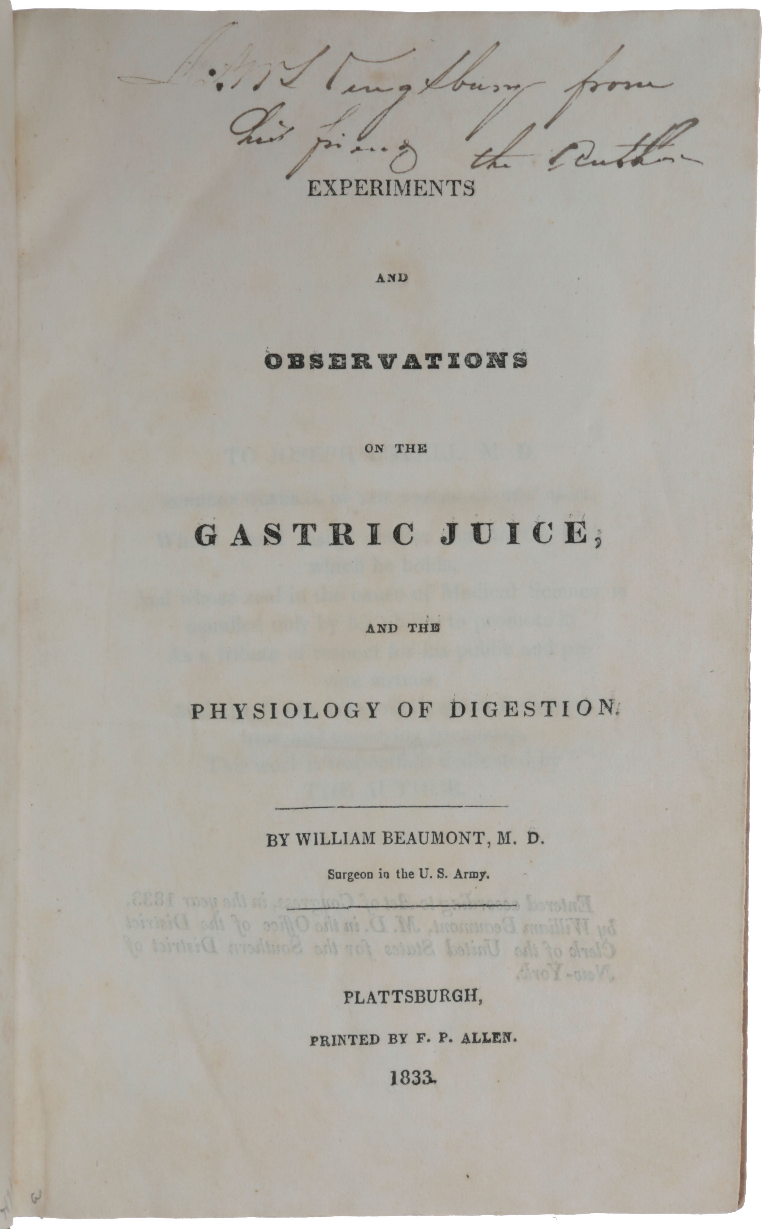 Experiments and Observations on the Gastric Juice and the Physiology of Digestion by William BEAUMONT on SOPHIA RARE BOOKS