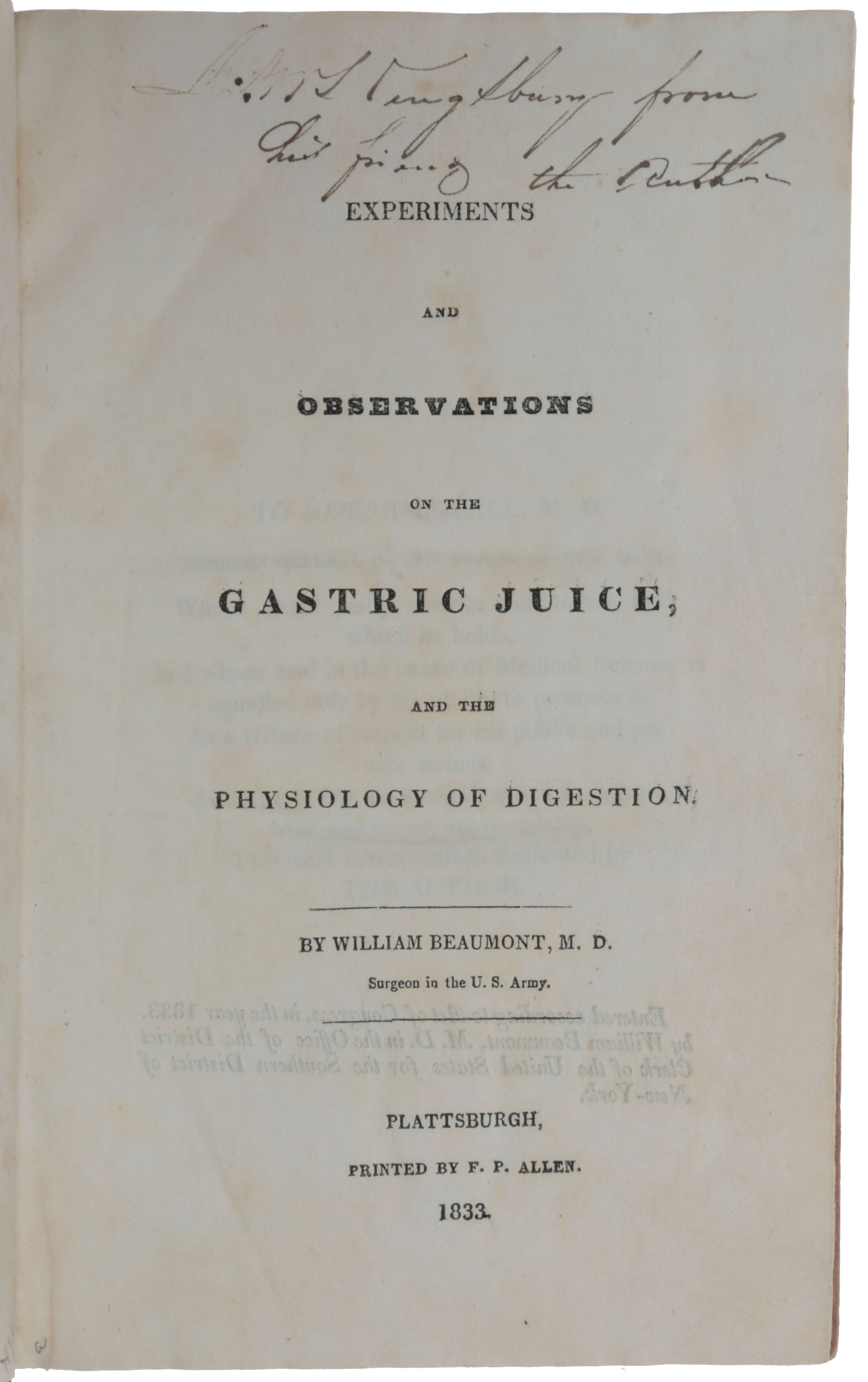 Item #5501 Experiments and Observations on the Gastric Juice, and the Physiology of Digestion. William BEAUMONT.