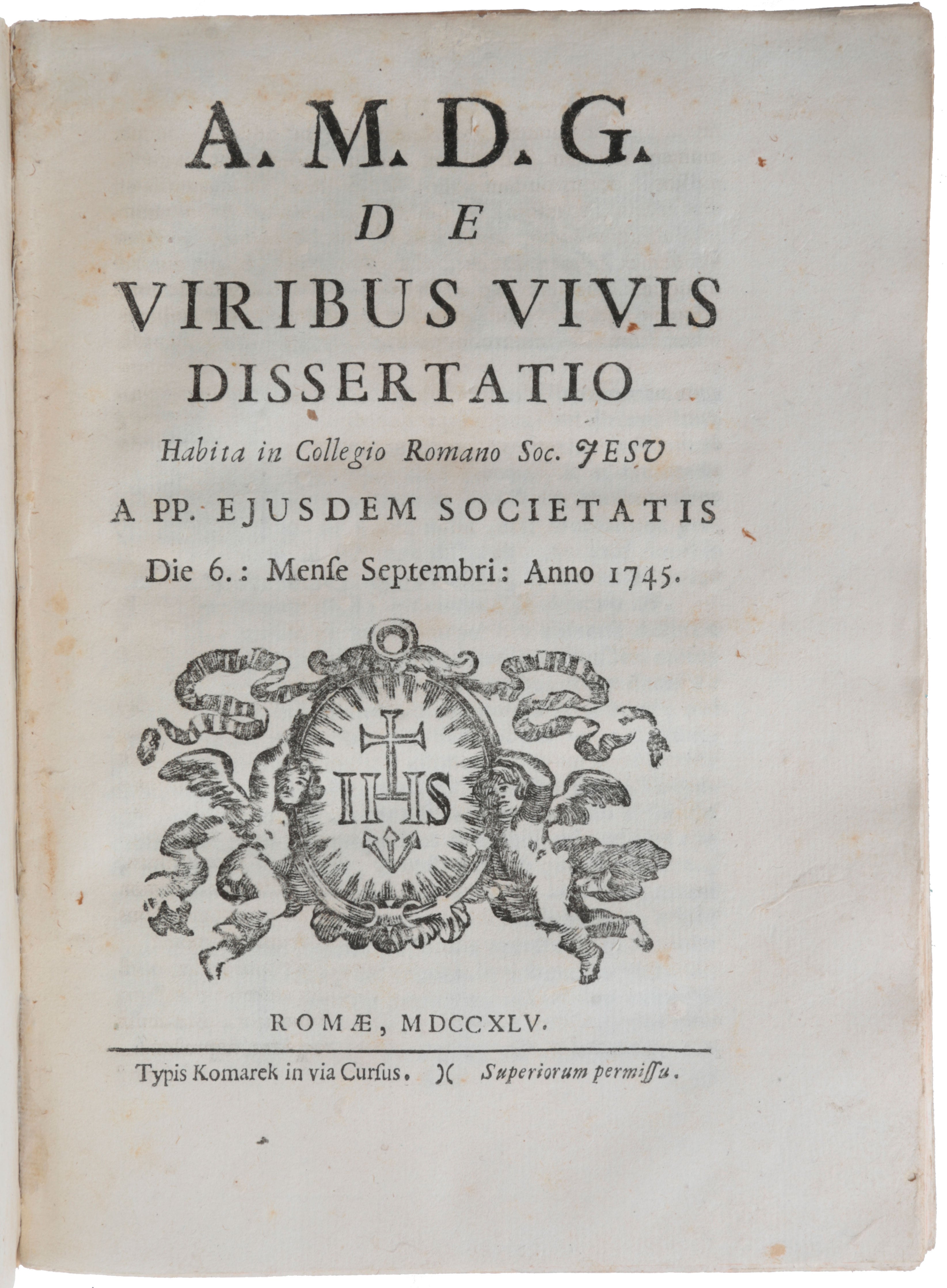 Item #5520 De viribus vivis dissertatio. Rudjer Josip BOSCOVICH, Roger Joseph.