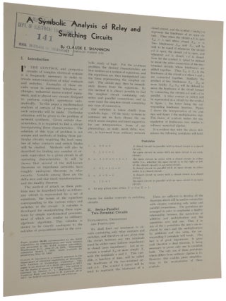 Item #5553 A Symbolic Analysis of Relay and Switching Circuits. Claude Elwood SHANNON