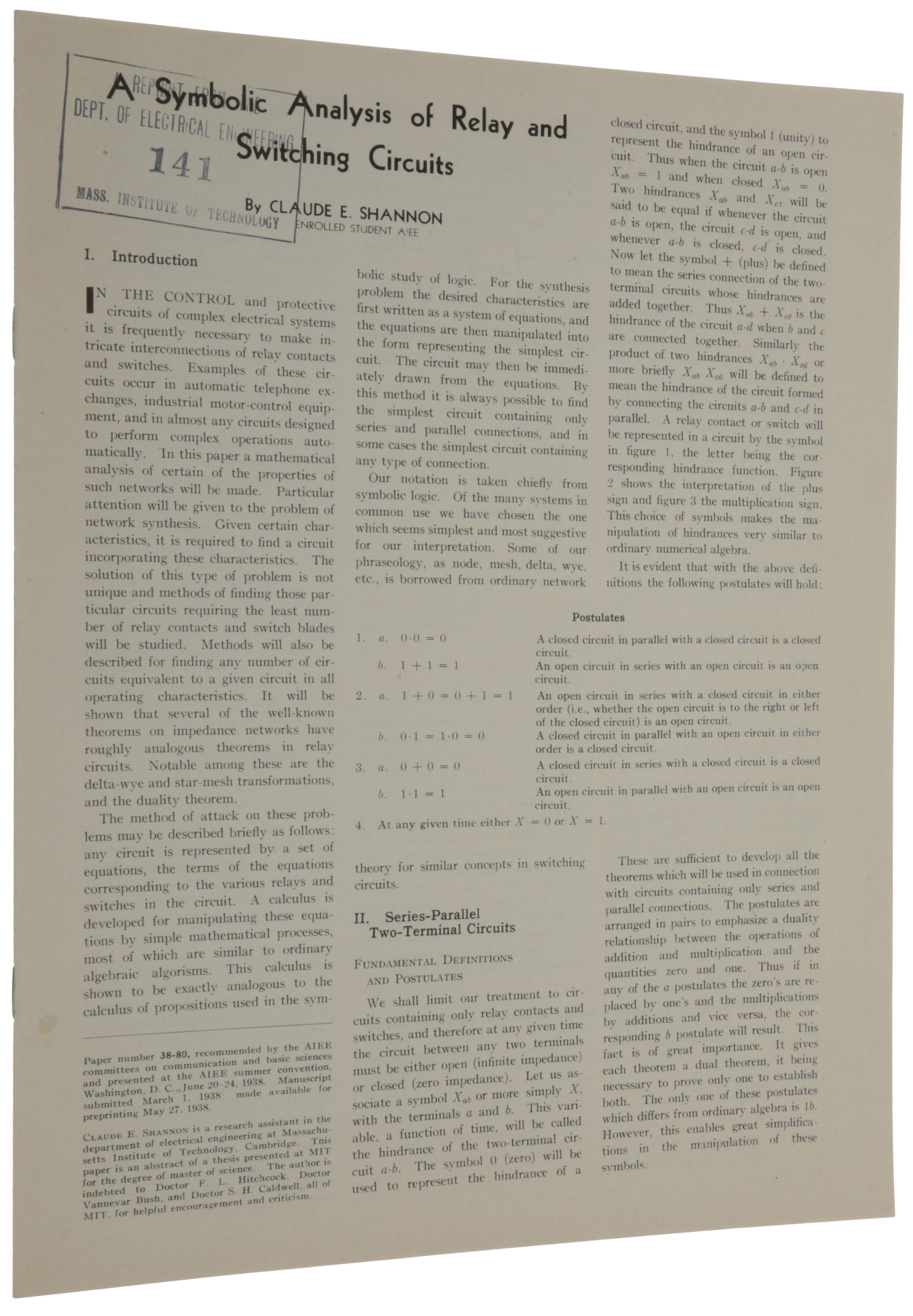 Item #5553 A Symbolic Analysis of Relay and Switching Circuits. Offprint from: Transactions of the American Institute of Electrical Engineers, vol. 57. Claude Elwood SHANNON.