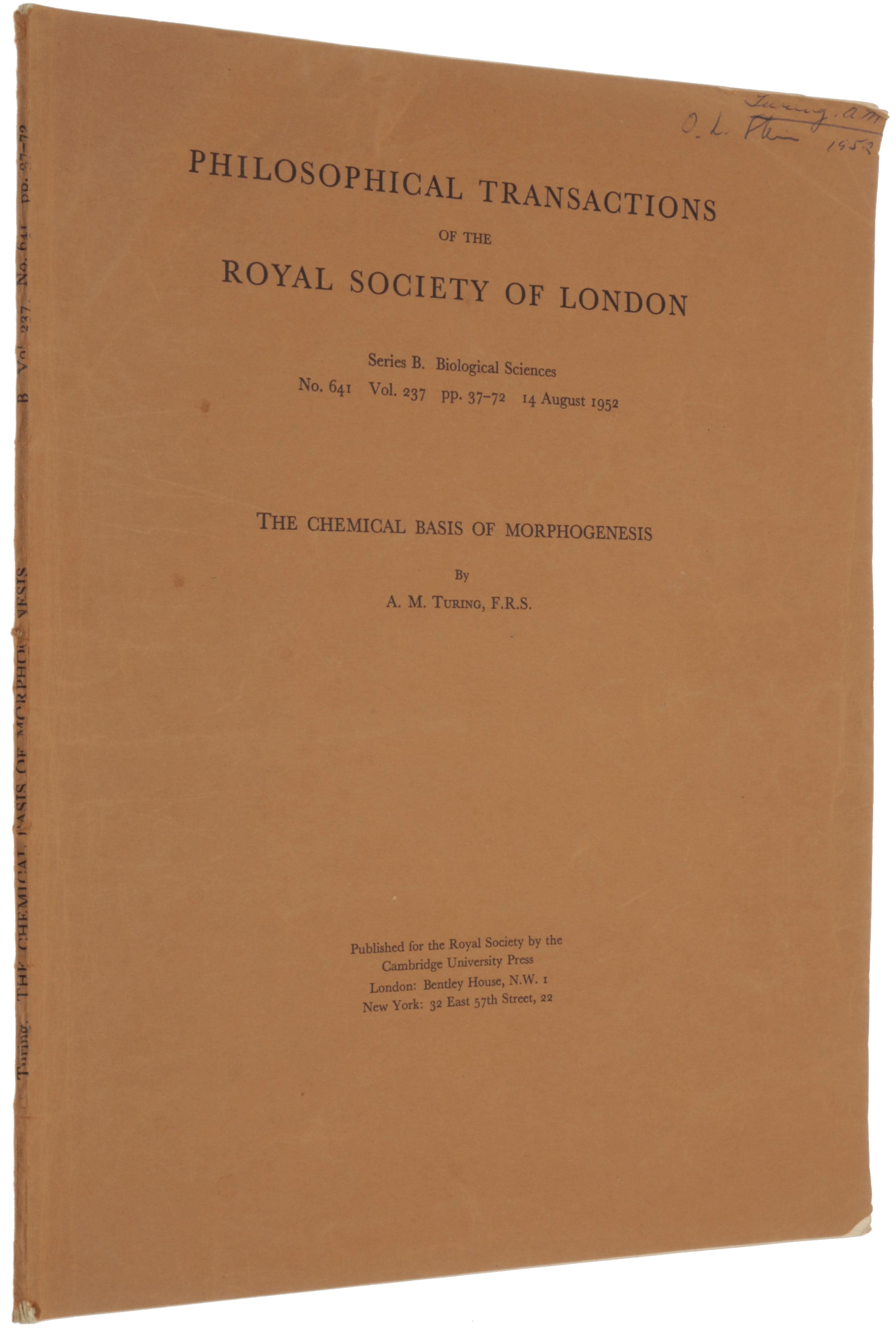 Item #5612 The chemical basis of morphogenesis. Offprint from: Philosophical Transactions of the Royal Society of London, Series B, Vol. 237, No. 641, 14 August, 1952. Alan Mathison TURING.