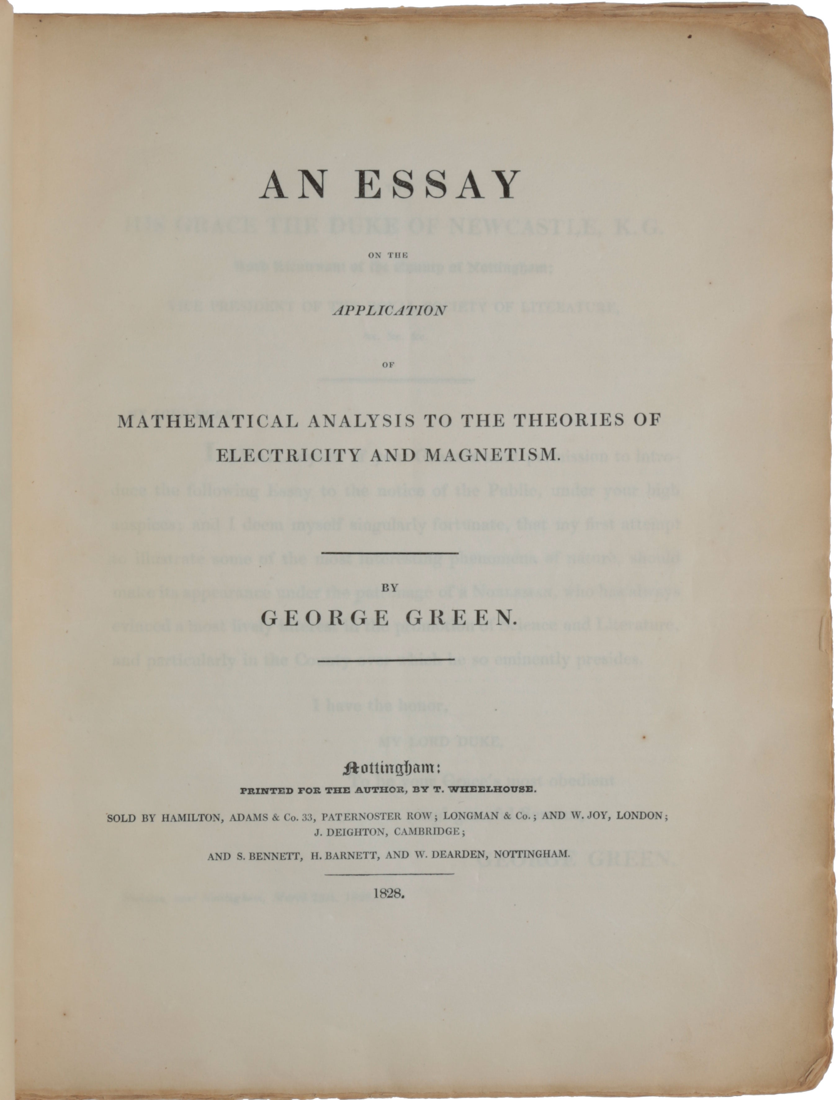 Item #5637 An Essay on the Application of Mathematical Analysis to the Theories of Electricity and Magnetism. George GREEN.