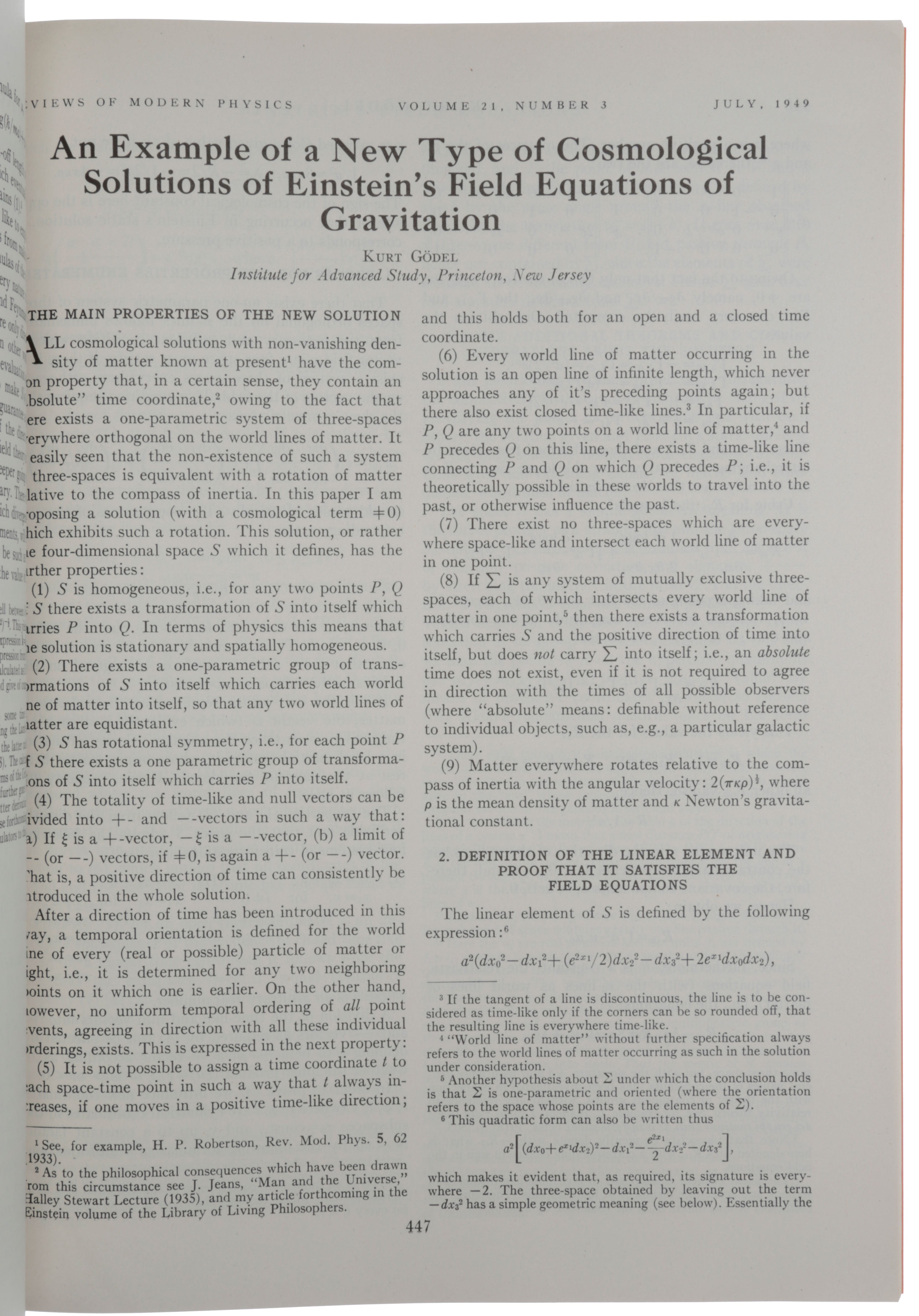 Item #5820 ‘An Example of a New Type of Cosmological Solutions of Einstein’s Field Equations of Gravitation,’ pp. 447-450 in Reviews of Modern Physics, vol. 21, no. 3, July-September, 1949. Kurt GÖDEL.