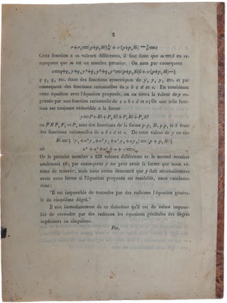 M&eacute;moire sur les &eacute;quations alg&eacute;briques o&ugrave; on d&eacute;montre l&rsquo;impossibilit&eacute; de la r&eacute;solution de l'&eacute;quation g&eacute;n&eacute;rale du cinqui&egrave;me degr&eacute;e.