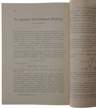 Zur allgemeinen Relativitätstheorie [with:] Zur allgemeinen Relativitätstheorie (Nachtrag). Offprint from Sitzungsberichte der Preussischen Akademie der Wissenschaften XLIV, November 4, 1915 & XLVI, November 11, 1915.