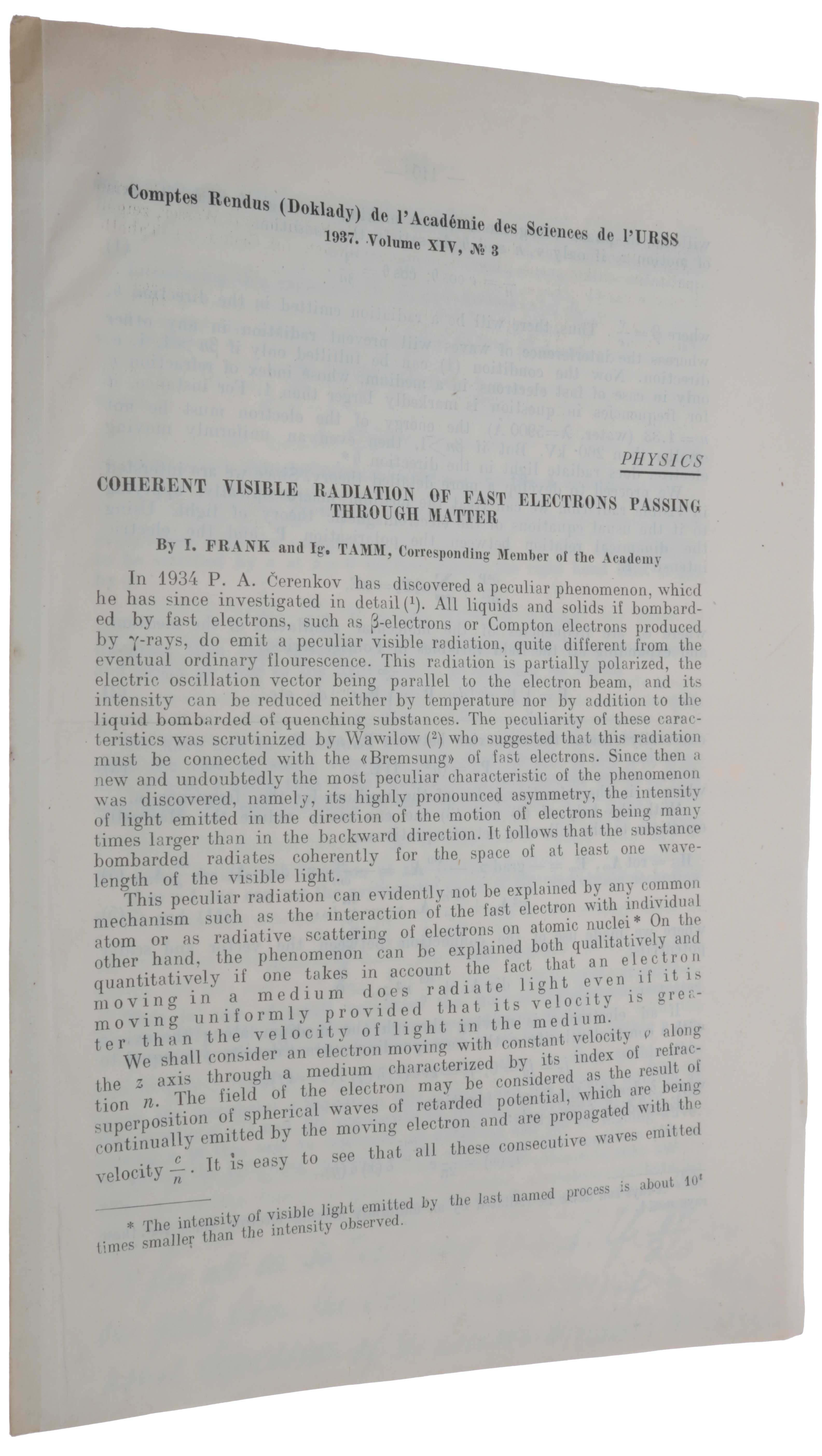 Item #5969 Coherent visible radiation of fast electrons passing through matter. Offprint from: Comptes Rendus (Doklady) de l’Academie des Sciences de l’URSS, Vol. XIV, No. 3, 1937. Ilya FRANK, Igor TAMM.