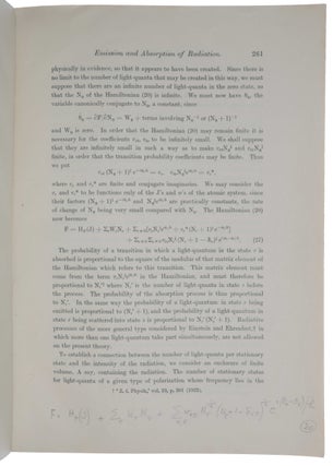 The Quantum Theory of the Emission and Absorption of Radiation. Offprint from Proceedings of the Royal Society A, vol. 114, 1927.