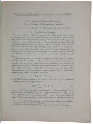On the theory of quantum mechanics. Offprint from Proceedings of the Royal Society A, vol. 112, 1926.
