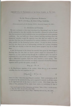 On the theory of quantum mechanics. Offprint from Proceedings of the Royal Society A, vol. 112, 1926.
