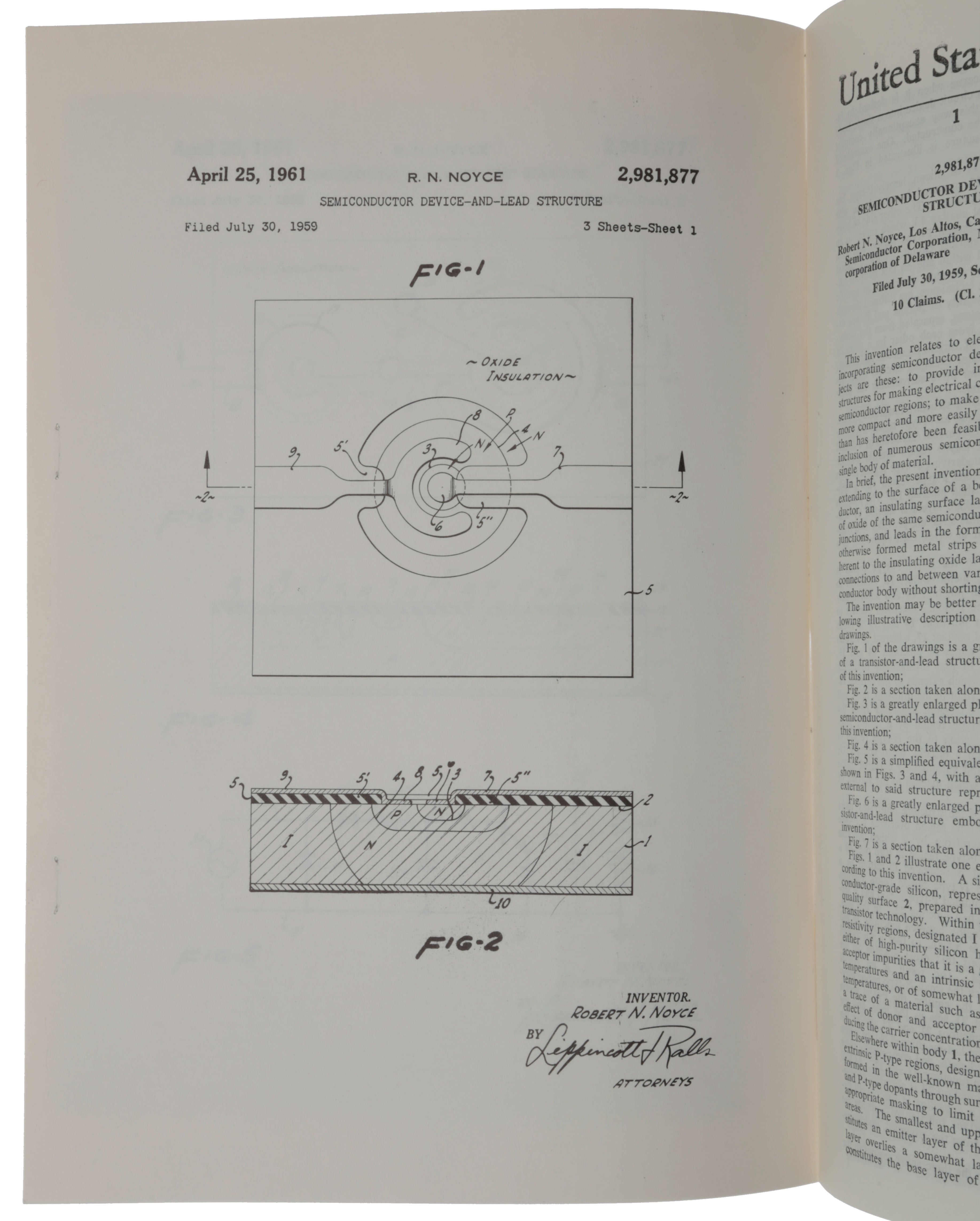 Item #6003 Semiconductor Device-and-Lead Structure. U.S. patent 2,981,877, filed on July 30, 1959, granted on April 25, 1961. Robert Norton NOYCE.