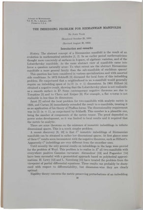 ‘The imbedding problem for Riemannian manifolds,’ pp. 20-63 in Annals of Mathematics, Vol. 63, No. 1.