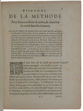 Discours de la Methode pour bien conduire sa Raison, & chercher la Verité dans les Sciences. Plus la Dioptrique, les Meteores, et la Geometrie. Qui sont des essais de cete Methode.