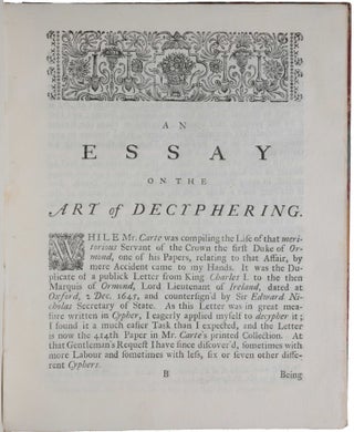 An essay on the art of decyphering. In which is inserted a discourse of Dr. Wallis. Now first publish'd from his original manuscript in the publick library at Oxford.