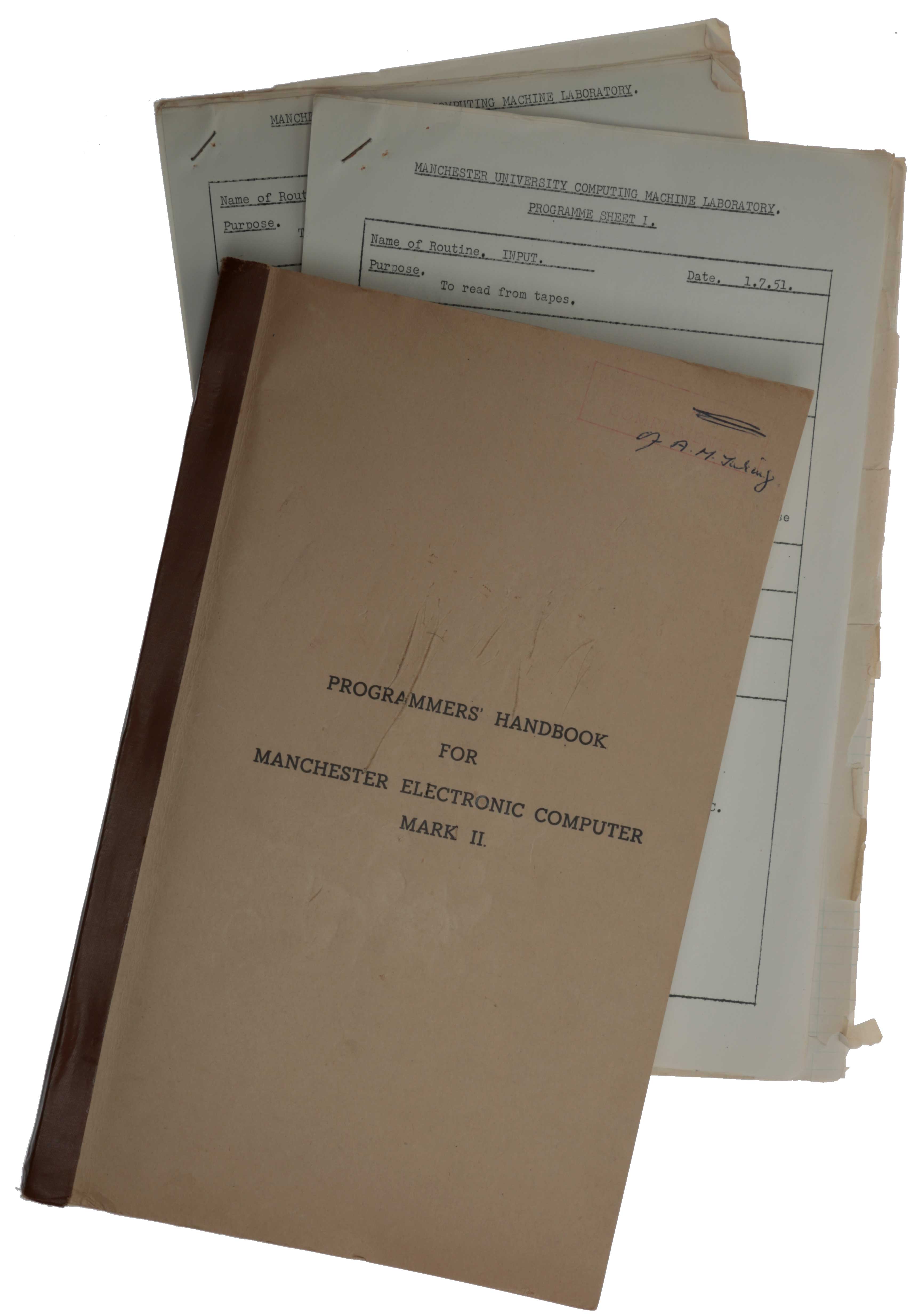 Item #6191 Programmers’ Handbook for Manchester Electronic Computer Mark II [i.e., the Ferranti Mark I], [late 1950 or early 1951]. With errata sheets dated March 13, March 28, and July 9, 1951. [With:] Mimeographed letter from Turing stating that copies of library subroutines may be sent to holders of the Handbook. [And with:] Four examples of such subroutines. Alan Mathison TURING.