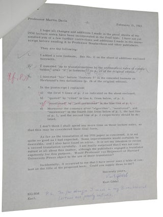 Item #6293 Typed letter signed ‘Kurt Gödel’ to Martin Davis, with manuscript annotations by...