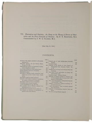 ‘Observations and Statistics. An Essay on the Theory of Errors of Observation and the First Principles of Statistics.,’ pp. 138-169 in: Transactions of the Cambridge Philosophical Society, Vol. XIV, Part II. Read May 25, 1885.