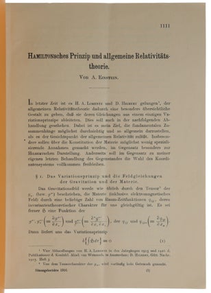Hamiltonsches Prinzip und allgemeine Relativitätstheorie. Author’s presentation offprint (“Überreicht vom Verfasser”) from Sitzungsberichte der Preussichen Akademie der Wissenschaften Phys.-Math. Klasse XLII, 1916.