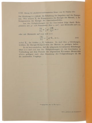 Hamiltonsches Prinzip und allgemeine Relativitätstheorie. Author’s presentation offprint (“Überreicht vom Verfasser”) from Sitzungsberichte der Preussichen Akademie der Wissenschaften Phys.-Math. Klasse XLII, 1916.