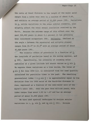 Variations in the Earth’s Orbit: Pacemaker of the Ice Ages. Pre-publication typescript headed ‘Manuscript accepted for publication in Science (as submitted Oct. 12, 1976)’.