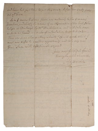 Autograph letter signed, with richly scientific content relating to the ongoing debate about the shape of the Earth, from Gresham College, London, dated 22 June 1738, to the important Scottish mathematician James Stirling.