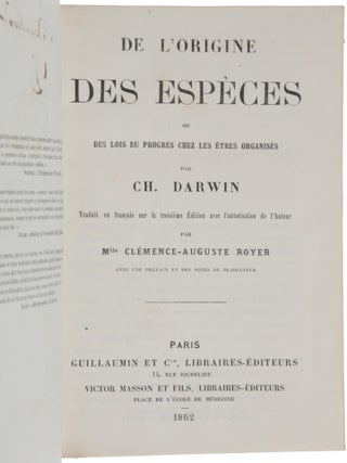 Item #6677 De l'Origine des Espèces, ou des Lois du Progrès chez les êtres organisés. Traduit...